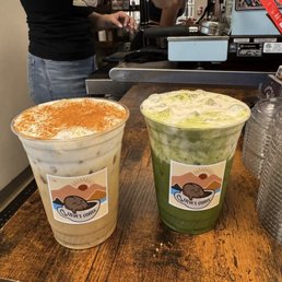 Spanish latte and banana matcha