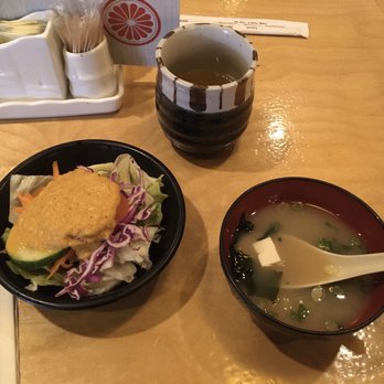 Tokyo Grill & Sushi - Miso Soup, House Salad with ginger dressing, and hot tea (I think it was barley tea) - Japanese Near Me - Grand Rapids, Michigan Tokyo Grill & Sushi - Miso Soup, House Salad with ginger dressing, and hot tea (I think it was barley tea) - Japanese Near Me - Grand Rapids, Michigan