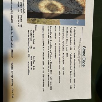 Stone Edge - Menu 4/24:2026 - Barbeque Near Me - La Luz, New Mexico