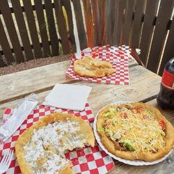 Chee's Indian Store - Plain fry bread, one with powdered sugar and a taco with everything on it. Delicious!!