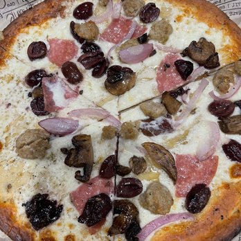 Fired Pie - Cauliflower crust, garlic olive oil sauce, mozzarella cheese, sausage, salami, red onion, mushrooms and kalamata olives - Pizza Near Me - Avondale, Arizona