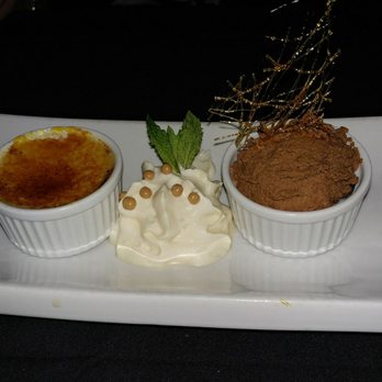 Intermezzo Restaurant and Wine Cellar - Crème Brule & chocolate mousse sampler - awesome dessert! Had to share it with my wife as we were both full from our dinner! - Mediterranean Near Me - Vernon, British Columbia