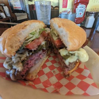 Frank's Diner - Jalapeno Bacon cheese burger cooked just like I love it... Pink baby - Breakfast & Brunch Near Me - Spokane, Washington
