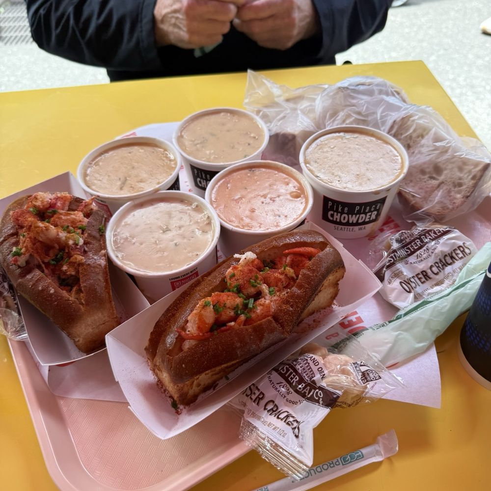 Pike Place Chowder - 4-Cup Chowder Sampler, Maine-Style Lobster Roll, Connecticut-Style Lobster Roll - Seafood Near Me - Seattle, Washington Pike Place Chowder - 4-Cup Chowder Sampler, Maine-Style Lobster Roll, Connecticut-Style Lobster Roll - Seafood Near Me - Seattle, Washington