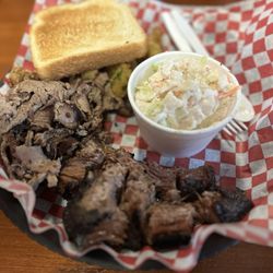 Bubba's BBQ - 2 meat plate with brisket and burnt ends, cole slaw and fried okra on the side