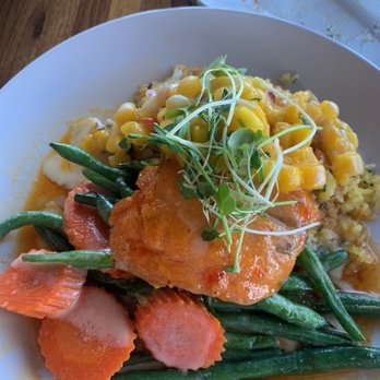 Cliffside Restaurant - Chili crusted Salmon with Mango Salsa, Coconut Rice, and seasonal veggies-- ABSOLUTE PERFECTION IN EVERY BITE! - American Near Me - St George, Utah Cliffside Restaurant - Chili crusted Salmon with Mango Salsa, Coconut Rice, and seasonal veggies-- ABSOLUTE PERFECTION IN EVERY BITE! - American Near Me - St George, Utah