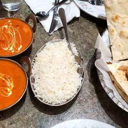 Sunlight Indian Cuisine - Two chicken Tikka masala (one hot and one medium), basmati rice, and plain naan.