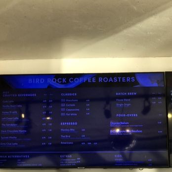 Bird Rock Coffee Roasters - La Jolla - 01/13/26 menu + the mirror tiled  disco ball above - Coffee & Tea Near Me - La Jolla, California