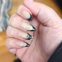 Skyview Nails - Black, medium French tip manicure with a hand-painted black bat feature on the ring finger.