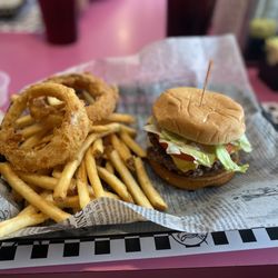 Angel's Dining Car - Cheese burger basket with fries and onion rings.