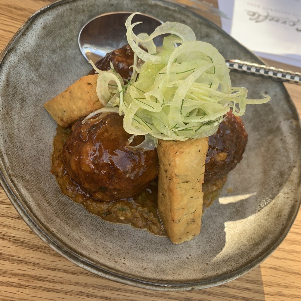 Carrello - Rabbit meatballs - spicy eggplant, mint, fennel, and chickpea frittes - Italian Near Me - Seattle, Washington