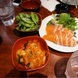 JFX Japanese Restaurant - Edamame, kimchee, salmon sashimi
