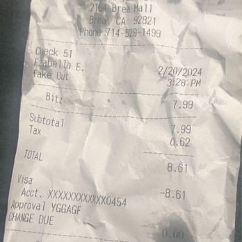 Wetzel's Pretzels - Wetzel bits receipt - Pretzels Near Me - Brea, California