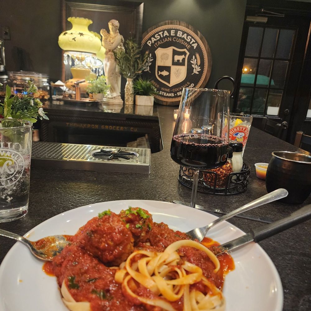 Pasta E Basta - House spicy sauce spaghetti and meatballs! Cheers! - Italian Near Me - Akron, Ohio Pasta E Basta - House spicy sauce spaghetti and meatballs! Cheers! - Italian Near Me - Akron, Ohio