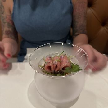 Sora - Bluefin tuna with chilled consume and refreshing mint leaf - French Near Me - Charlotte, North Carolina