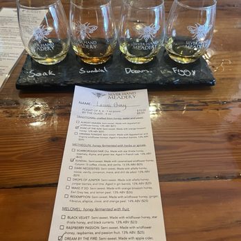 Silver Hand Meadery - Mead flight and list of mead available to sample - Meaderies Near Me - Williamsburg, Virginia