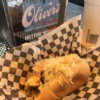 Oliver’s - Oliver's Friday lunch special was bratwurst with brown mustard, kraut and onions. - Hot Dogs Near Me - Montgomery, Alabama Oliver’s - Oliver's Friday lunch special was bratwurst with brown mustard, kraut and onions. - Hot Dogs Near Me - Montgomery, Alabama