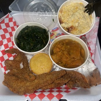 Alma's Place - Catfish dinner. Mac, yams, greens and cornbread. - Desserts Near Me - Compton, California Alma's Place - Catfish dinner. Mac, yams, greens and cornbread. - Desserts Near Me - Compton, California