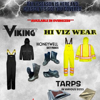 Crescent Supply - It's rainy season. Are you prepared? Stop by Crescent Supply for your rain suits, rubber boots and a heavy duty canvas tarp. - Outdoor Gear Near Me - Modesto, California Crescent Supply - It's rainy season. Are you prepared? Stop by Crescent Supply for your rain suits, rubber boots and a heavy duty canvas tarp. - Outdoor Gear Near Me - Modesto, California