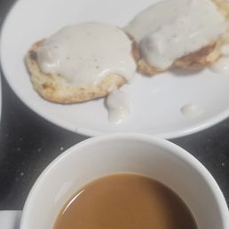 Coffee was hot! Biscuit and gravy was not great, no flavor, tasted canned. Coffee was hot! Biscuit and gravy was not great, no flavor, tasted canned.