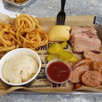 Dickey's Barbecue Pit - Sliced brisket, polish sasauge, baked potato casserole, onion tanglers. - American Near Me - Kapolei, Hawaii Dickey's Barbecue Pit - Sliced brisket, polish sasauge, baked potato casserole, onion tanglers. - American Near Me - Kapolei, Hawaii