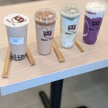 Moo Tea - Peach oolong milk tea far left - Tea Rooms Near Me - Alhambra, California Moo Tea - Peach oolong milk tea far left - Tea Rooms Near Me - Alhambra, California