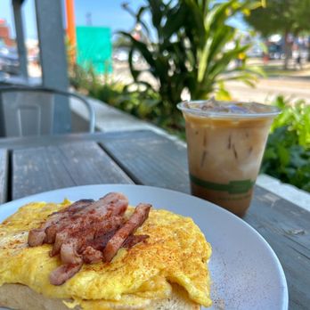 Elemental Coffee - Cheesy Egg Toast ! And an iced Carmel latte to drink - Coffee & Tea Near Me - Oklahoma City, Oklahoma