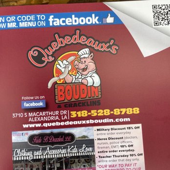 Quebedeaux's Boudin & Cracklins - Front of menu - Cajun/Creole Near Me - Alexandria, Louisiana Quebedeaux's Boudin & Cracklins - Front of menu - Cajun/Creole Near Me - Alexandria, Louisiana