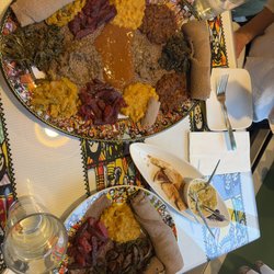 Eshkol Ethiopian Cuisine & Cafe - Top: Vegan combo for 2; Bottom: Tibs w/ ater alcha and key sir