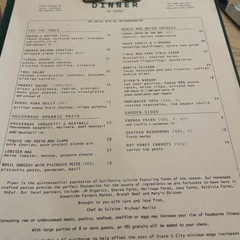 Piper - Dinner menu - New American Near Me - Oceanside, California