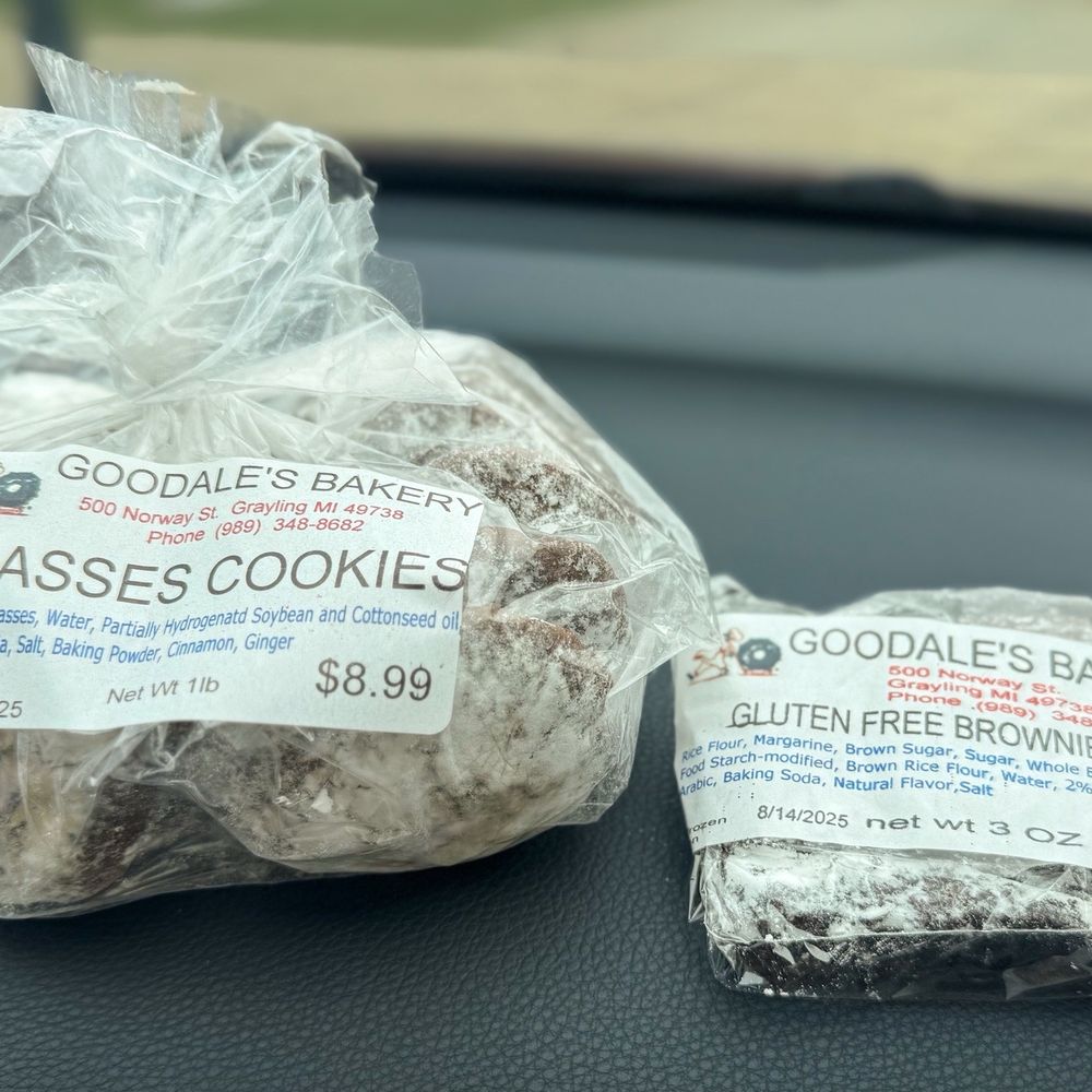 Goodale's Bakery - Molasses Cookies (right) - $8.99 Gluten Free Brownie - $2.99 - Bakeries Near Me - Grayling, Michigan Goodale's Bakery - Molasses Cookies (right) - $8.99 Gluten Free Brownie - $2.99 - Bakeries Near Me - Grayling, Michigan