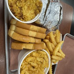 Cornbread casserole, Mac n' cheese, toast, fries, and baked potato Cornbread casserole, Mac n' cheese, toast, fries, and baked potato
