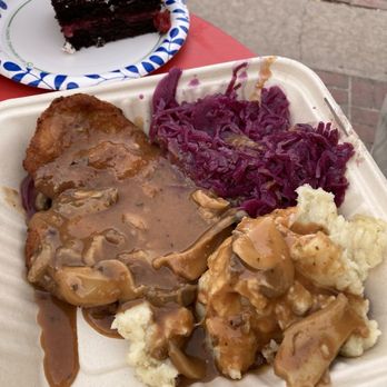 Denver Christkindlmarket - Jagerschnitzel with spaetzel and red cabbage. Sloppy presentation but authentic. - Public Markets Near Me - Denver, Colorado