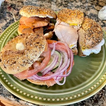 Lefty's Bagels - Take out order of Lox o' Love, a Patrami Lox, and a Turkey sandwich. All on everything bagels. - Bagels Near Me - Chesterfield, Missouri Lefty's Bagels - Take out order of Lox o' Love, a Patrami Lox, and a Turkey sandwich. All on everything bagels. - Bagels Near Me - Chesterfield, Missouri
