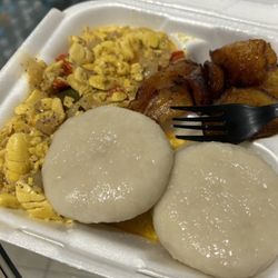 Juicy Jerk Jamaican Cuisine - Ackee and salt fish and boil dumplings.
