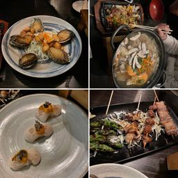 Grilled abalone, uni sushi, seafood nurungji stew, grilled skewers Grilled abalone, uni sushi, seafood nurungji stew, grilled skewers