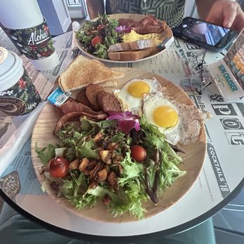 Secret Spot Honolulu - Breakfast Feast - 2 eggs any style, Portuguese sausage, bacon, toast and salad with a great dressing and crispy croutons! - Bars Near Me - Honolulu, Hawaii Secret Spot Honolulu - Breakfast Feast - 2 eggs any style, Portuguese sausage, bacon, toast and salad with a great dressing and crispy croutons! - Bars Near Me - Honolulu, Hawaii