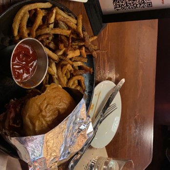 Sharps Roasthouse - Kansas City BBQ sandwich with fries. A side of cornbread. And the champagne mango margarita. 10/10 - American Near Me - SeaTac, Washington Sharps Roasthouse - Kansas City BBQ sandwich with fries. A side of cornbread. And the champagne mango margarita. 10/10 - American Near Me - SeaTac, Washington