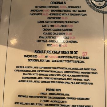 Bliss Coffee Lounge - drink menu - Coffee & Tea Near Me - Somerville, New Jersey