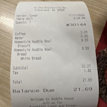 Huddle House - Reciept  Homestyle Huddle Bowl - American Near Me - Cleveland, Georgia