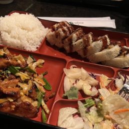 Lunch box spicy Korean pork and shrimp tempura rolls. Lunch box spicy Korean pork and shrimp tempura rolls.