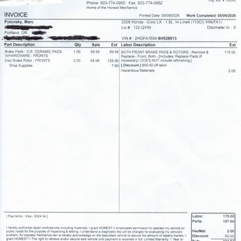 Honest-1 Auto Care - brake repair invoice, May 9 - Auto Repair Near Me - Portland, Oregon Honest-1 Auto Care - brake repair invoice, May 9 - Auto Repair Near Me - Portland, Oregon