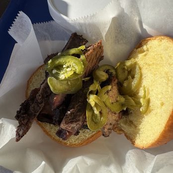 Twins BBQ - Brisket Sandwich with pickled jalapeños. They forgot my pickled onions, but I don't feel like I missed anything. - Barbeque Near Me - Brookfield, Connecticut