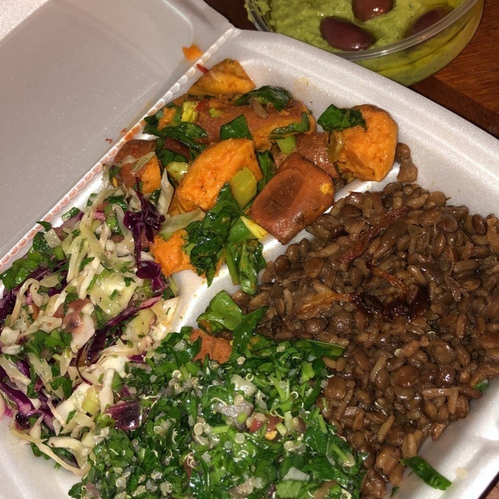 Sassool - Quinoa tabouli, warm lentils, sweet potato salad, cabbage salad & jalapeño cilantro hummus - Mediterranean Near Me - Cary, North Carolina
