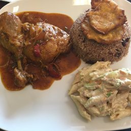 Curry Chicken with Congris, Tostones, and Macaroni Salad ... SO DELICIOUS