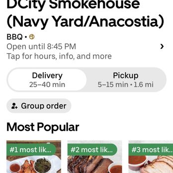 DCity Smokehouse - Uber Eats showing Brisket as one of the popular items ordered - Barbeque Near Me - Washington, DC, District of Columbia