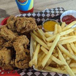 Fatburger - Chicken Tenders with fry's, honey mustard and a drink.