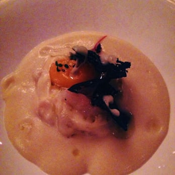 Sepia - celery root soup, olive oil poached cod, farm egg, black ciabatta - New American Near Me - Chicago, Illinois Sepia - celery root soup, olive oil poached cod, farm egg, black ciabatta - New American Near Me - Chicago, Illinois