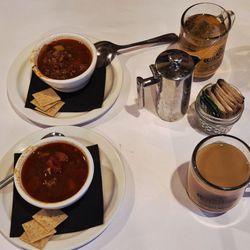 Check Please Cafe - This meal came with two sides ... the other side chosen was the tasty chili without beans. Tea is above and decaf is below (mine).