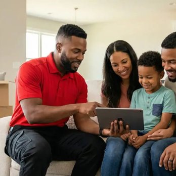 Fast Track Movers - A friendly moving representative explains relocation details to a family using a digital tablet, ensuring organized planning,... - Movers Near Me - Fresno, California Fast Track Movers - A friendly moving representative explains relocation details to a family using a digital tablet, ensuring organized planning,... - Movers Near Me - Fresno, California